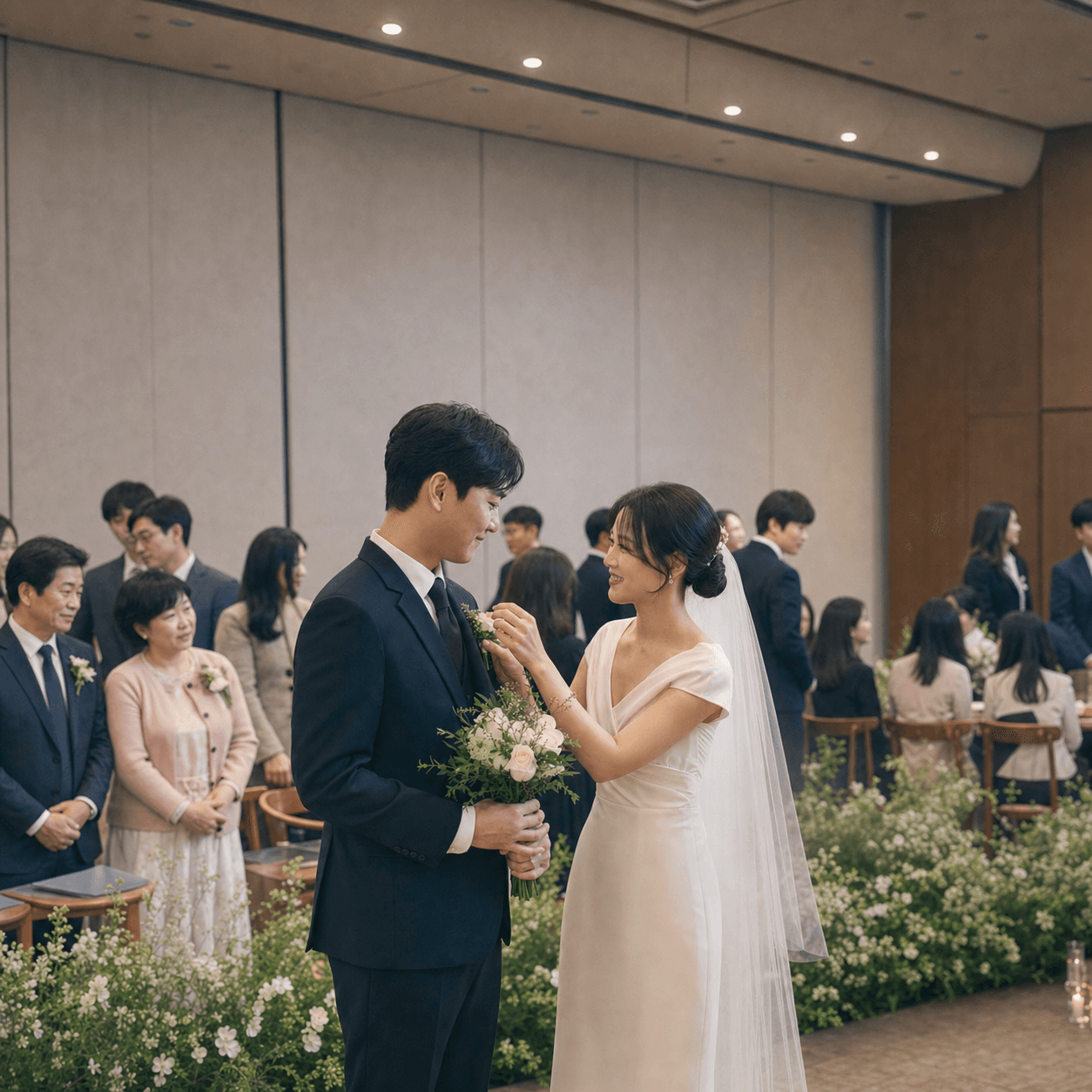 예식 직후 서로를 바라보는 신랑 신부